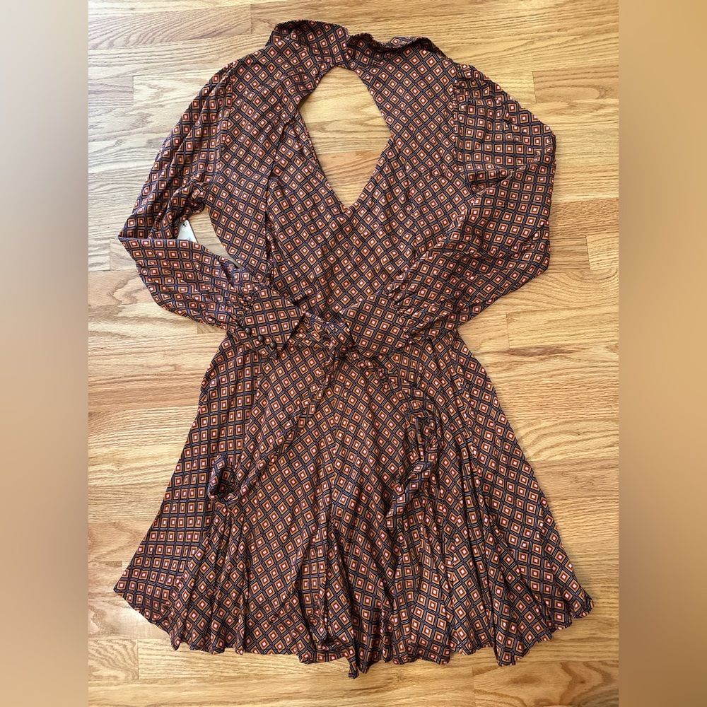 Free People Brown Long Sleeve Printed Wrap Mini Dress - Picture 3 of 16